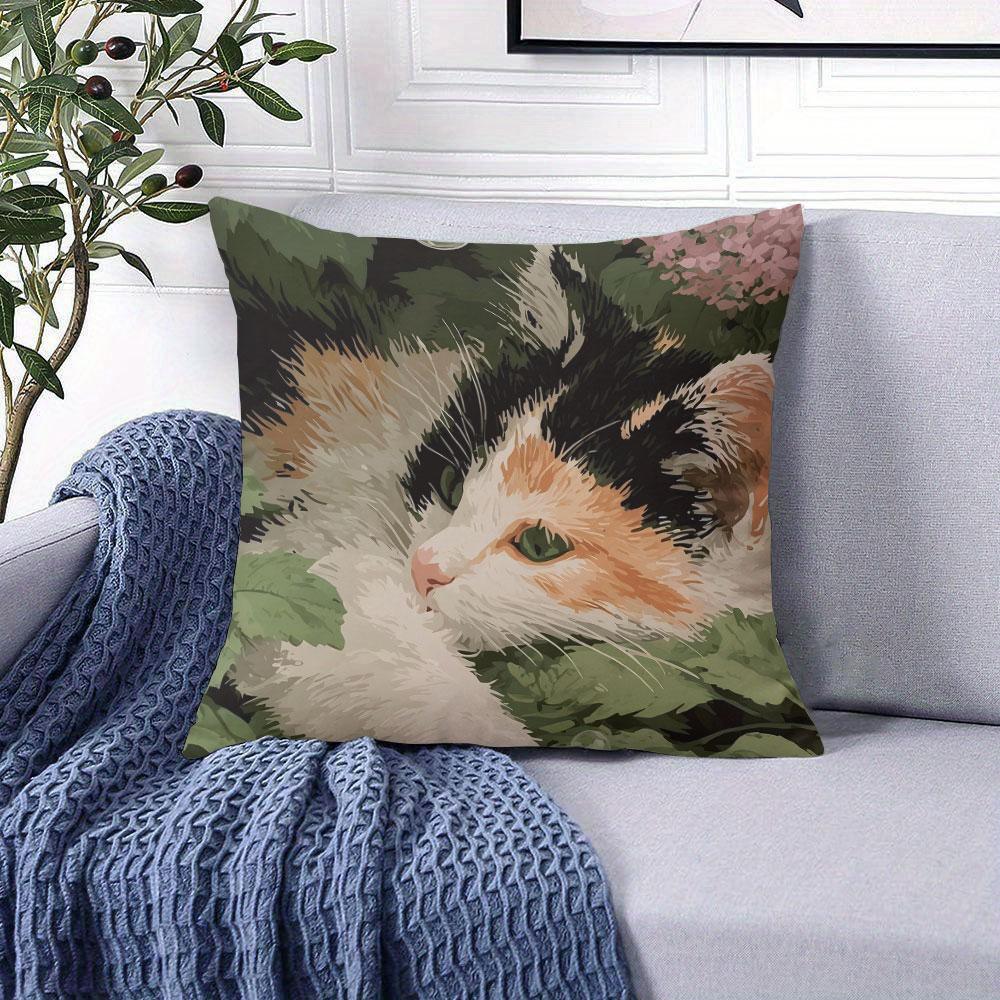 Calico Cat in Garden square Jacquard Pillow Cover for Sofa Office Waist Cushion Cover Home Decorative Pillowcase