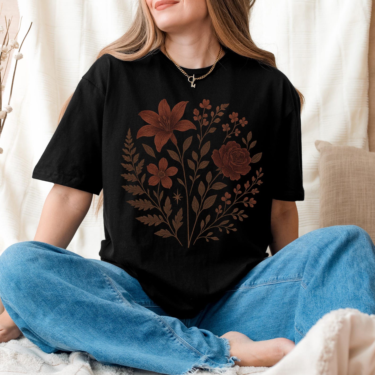 Gothic Floral Shirt | Dark Botanical Graphic Tee, Witchy Cottagecore Flower T-Shirt S