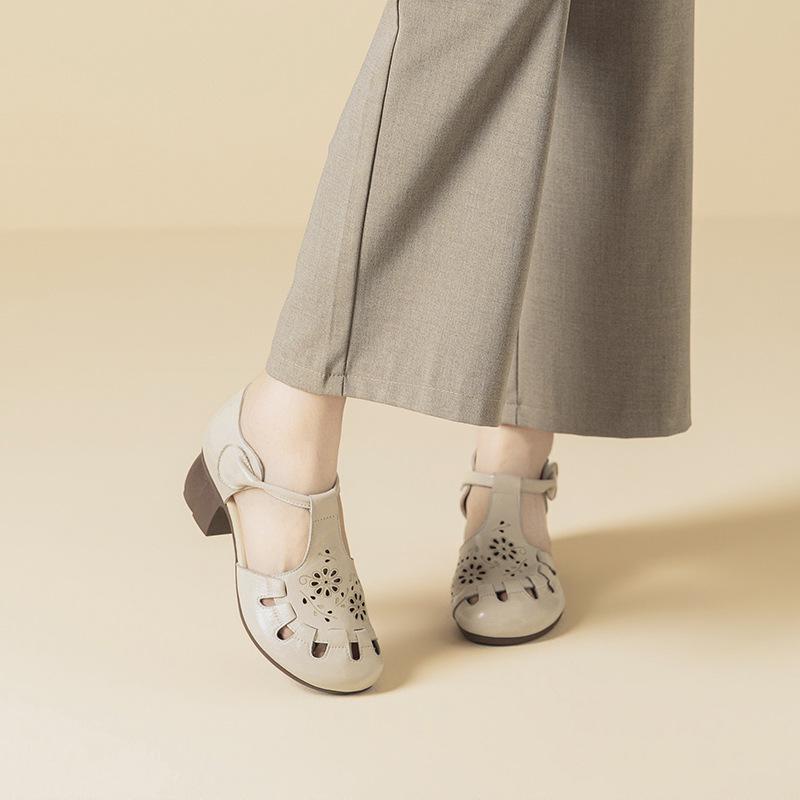 2026 Summer Women's Chunky Heel Leather Sandals - Soft Sole, Retro Hollow-Out Design