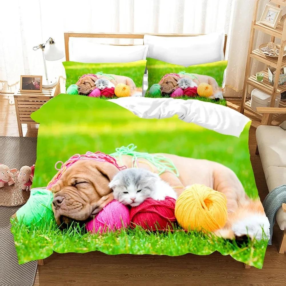 3D Dog And Cat Comfortable Duvet Quilt Cover Pillowcase Bedding Set Children Bedroom Decoration Home Textile