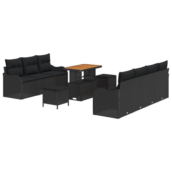 10-piece Garden Sofa Set with Black Synthetic Rattan and Acacia Cushions, 2-seater Garden Sofa 3364179