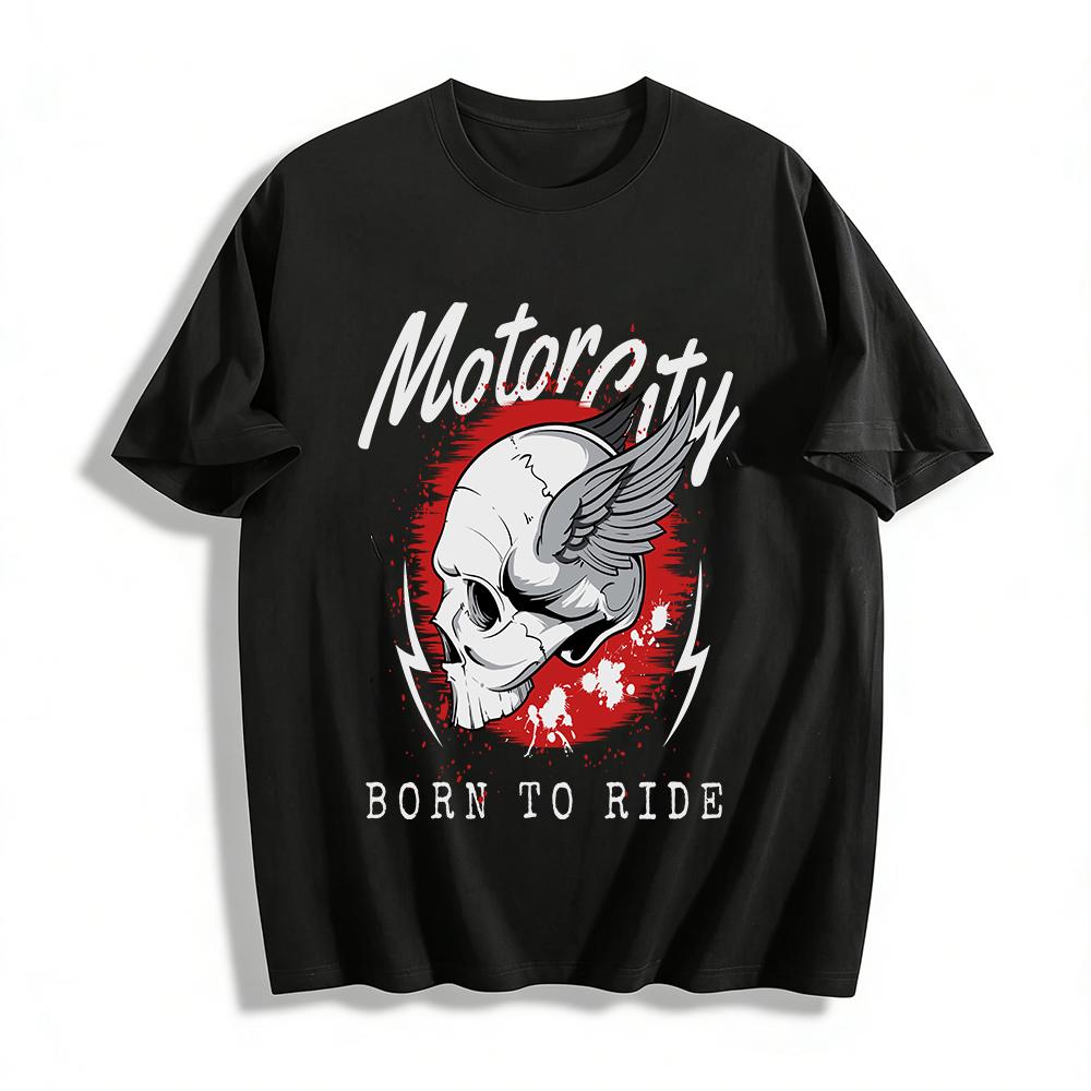 Born To Ride Winged Skull Print Motorcycle Culture Crew Neck Tee Pure cotton T-shirt XXS