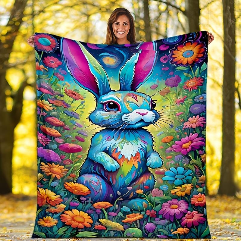 1pc Rabbit Print Blanket, Soft Warm Throw Blanket Nap Blanket for Couch Sofa Office Bed Camping Travel, Multi-purpose Gift Blanket 130cmx150cm