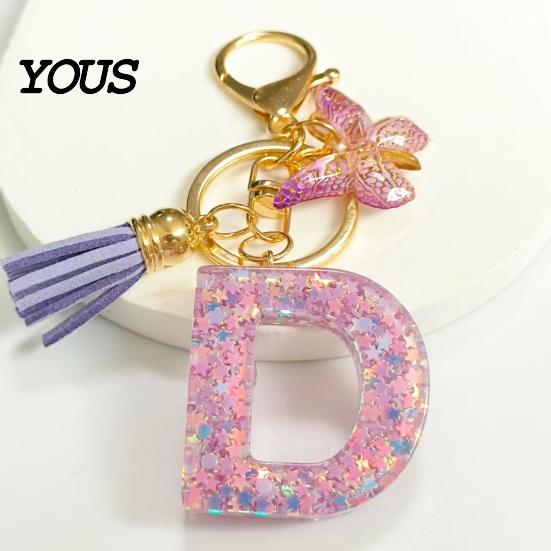 Key Holder For Backpack Purple Series Keychain Pendant, Sequins Star Initial Letter Charm Chain with Butterfly Tassel Design, A-Z for Bag