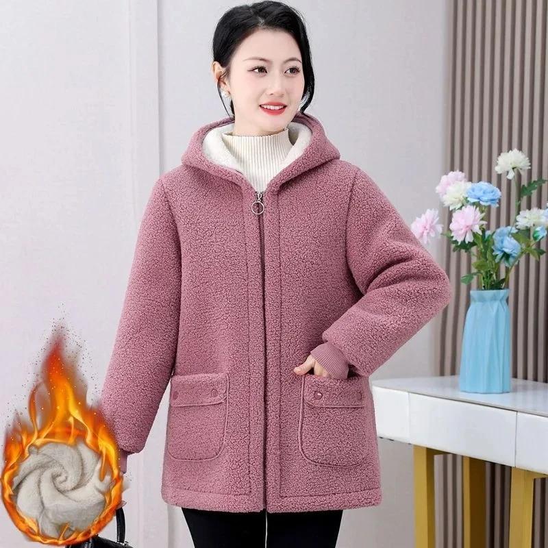 Winter Thick Fleece Single Breasted Lamb Fur Women's Coat Hooded Lapel Pocket Imitation Fur Warm Casual Jacket Female
