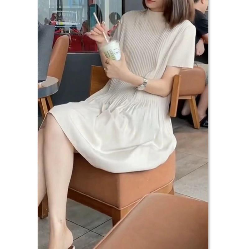 Summer Polyester Pleated Dress With Zipper For Women Office Wear
