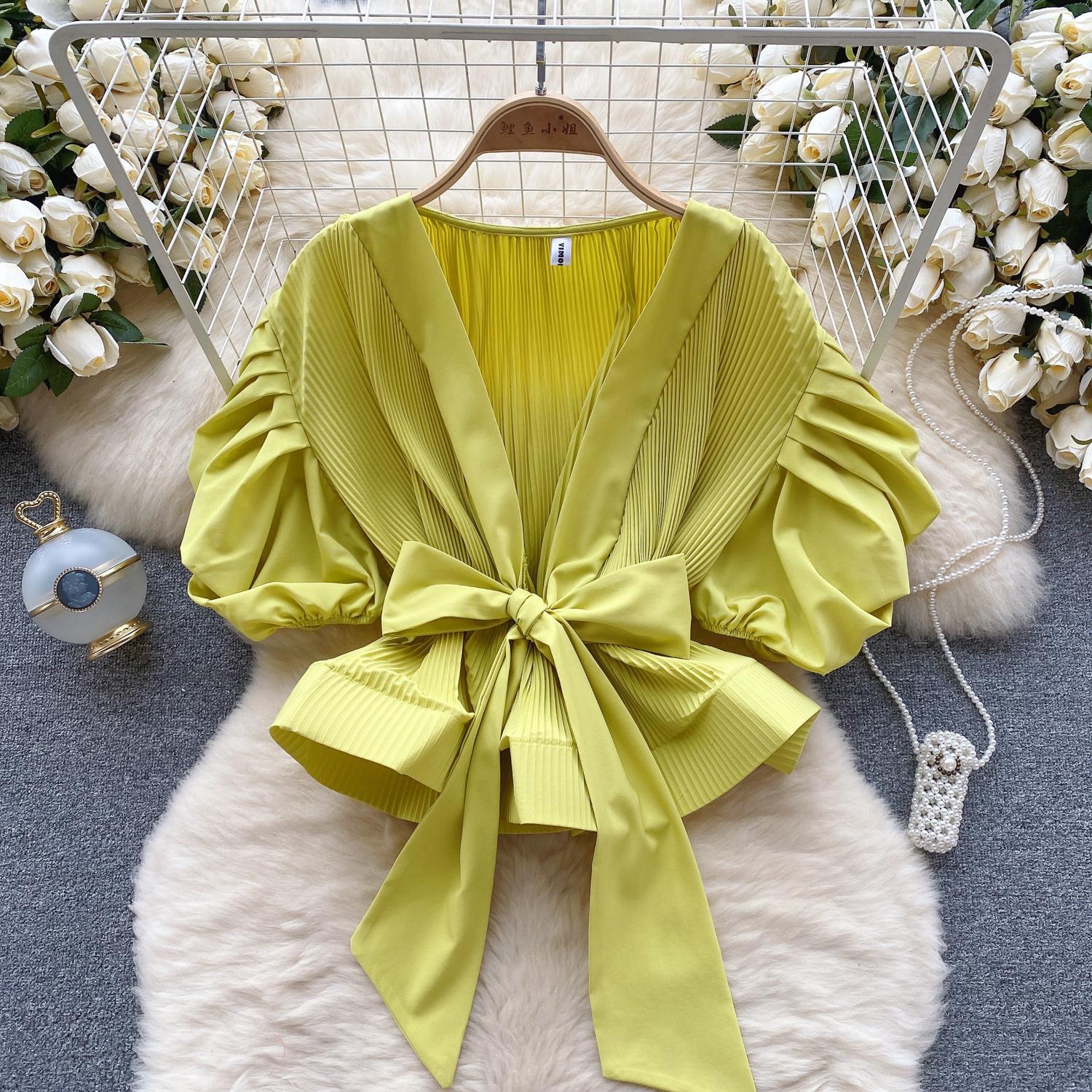 

RUGOD Жіноча сорочка з v-подібним вирізом у стилі ретро, ​​літній шик, тривимірна плісирована шнурівка на талії, топ з короткими рукавами One Size жовтий