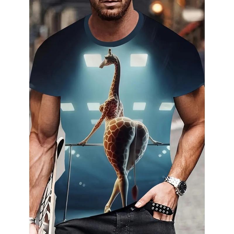 Colorful Giraffe Pattern T Shirt For Men Colorful Animal 3D Print Short Sleeve Tees Summer Street Loose Tops Round Neck T-Shirts