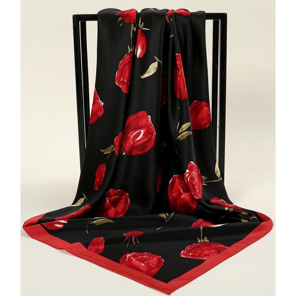Summer Casual Rose Printed Hijab Bandana Square Satin Silk Scarf For Muslim Woman Hairband Ladies Wraps Headband 85*85Cm