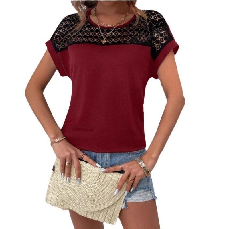 Spring Summer Women's Lace Round Neck Loose Shoulder Short Sleeved Women's T-shirt