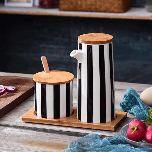 Nordic Black and White Stripes Ceramic Spice Jar Combination Set Salt Sugar Oil Soy Sauce Bottle Vinegar Pot Kitchen Supplies