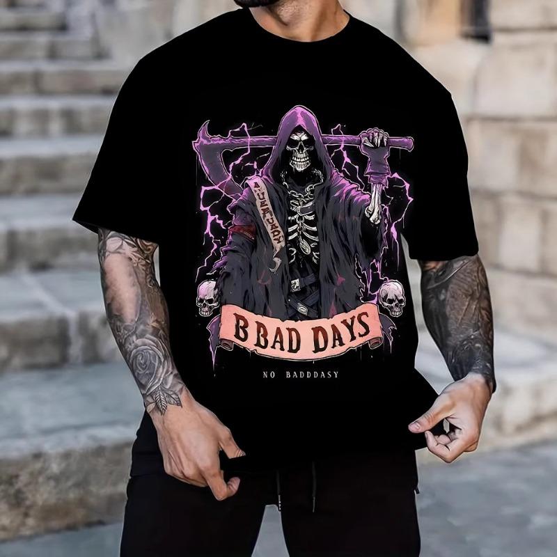 Letní 3D digitálně potištěné tričko s trendy značkovým vzorem lebky, pohodlného volného střihu, s krátkým rukávem a kulatým výstřihem pro muže