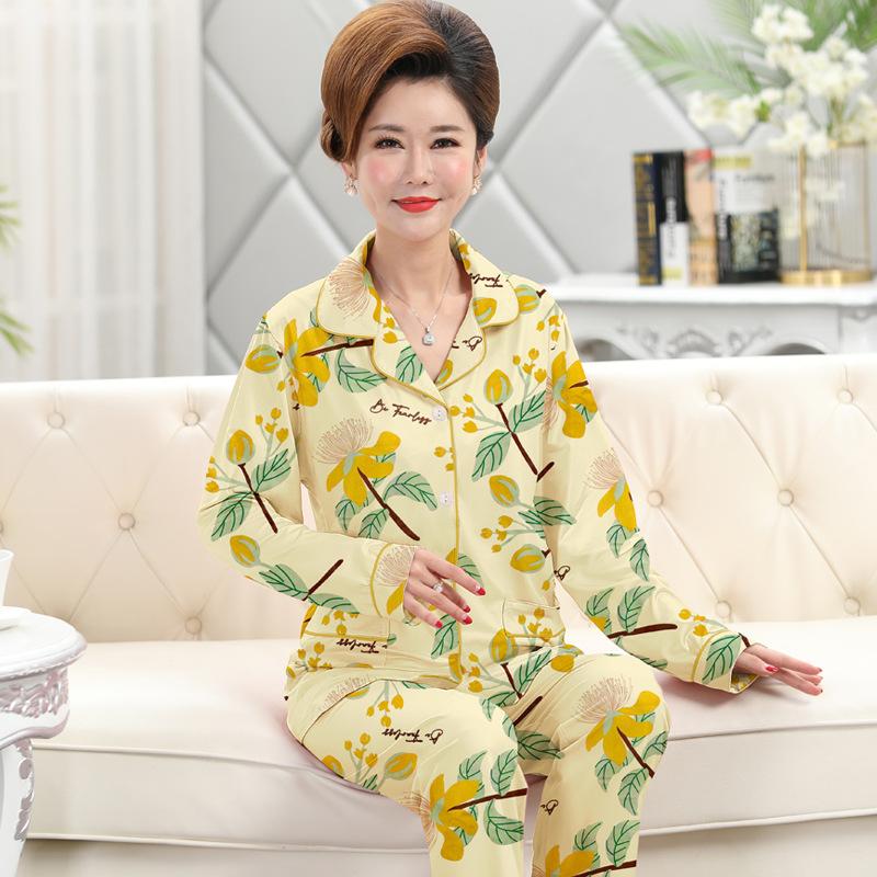 Pajamas Women's Spring and Autumn Imitation Cotton Long-sleeved New Imitation Cotton Large Size Medium Mother Loose Thin Loungewear Set