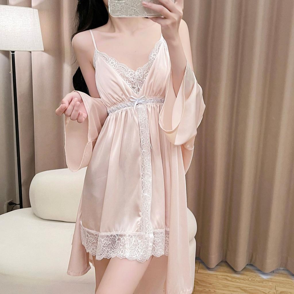 Women's Summer Halter Pajamas with Chest Pads, Lace Suspender Pajamas, Long-sleeved Two-piece Set, Sexy Pure Desire Ice and Snow Silk Loungewear