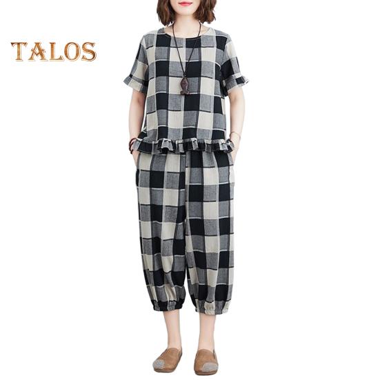 

Женский комплект из 2 предметов для отдыха, повседневный клетчатый топ большого размера с короткими рукавами и спортивные брюки, летний свободный наряд 2XL чёрный