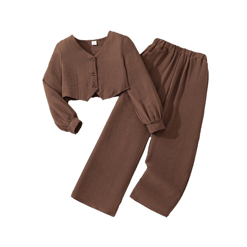 Dívčí oděvní set 8-12 let Jaro/Podzim Novinka Top s dlouhým rukávem s výstřihem do V + Ležérní kalhoty Dvoudílný