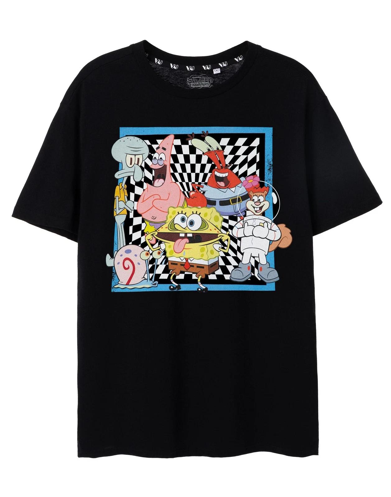 

SpongeBob SquarePants Black Checkerboard Group Short Sleeved 100% Cotton T-shirt Mens Tees Top Mens 2XL