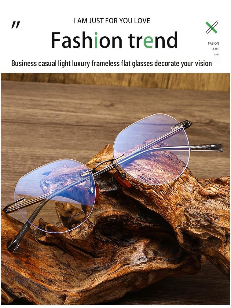 2025 Randlose Retro Sandelholzbrillen: Damen Leichter Luxus ohne Sehstärke, Blaulichtfilter mit Business-Herrenstil.