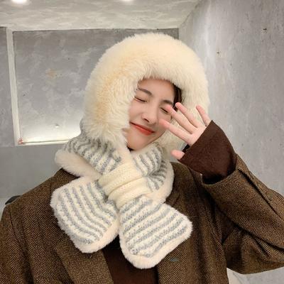Autumn Winter Women's Versatile Cute Northeast Plush Lei Feng Hat with Integrated Scarf Ear Protection Warm Trendy Lei Feng Cap