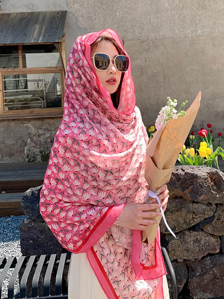 Summer Women Silk Scarf Beach Long Wrap Shawl Vintage Sweet Floral Lady Sunscreen Boho Bandana Hijab Mujer Scarve Pareo Foulard