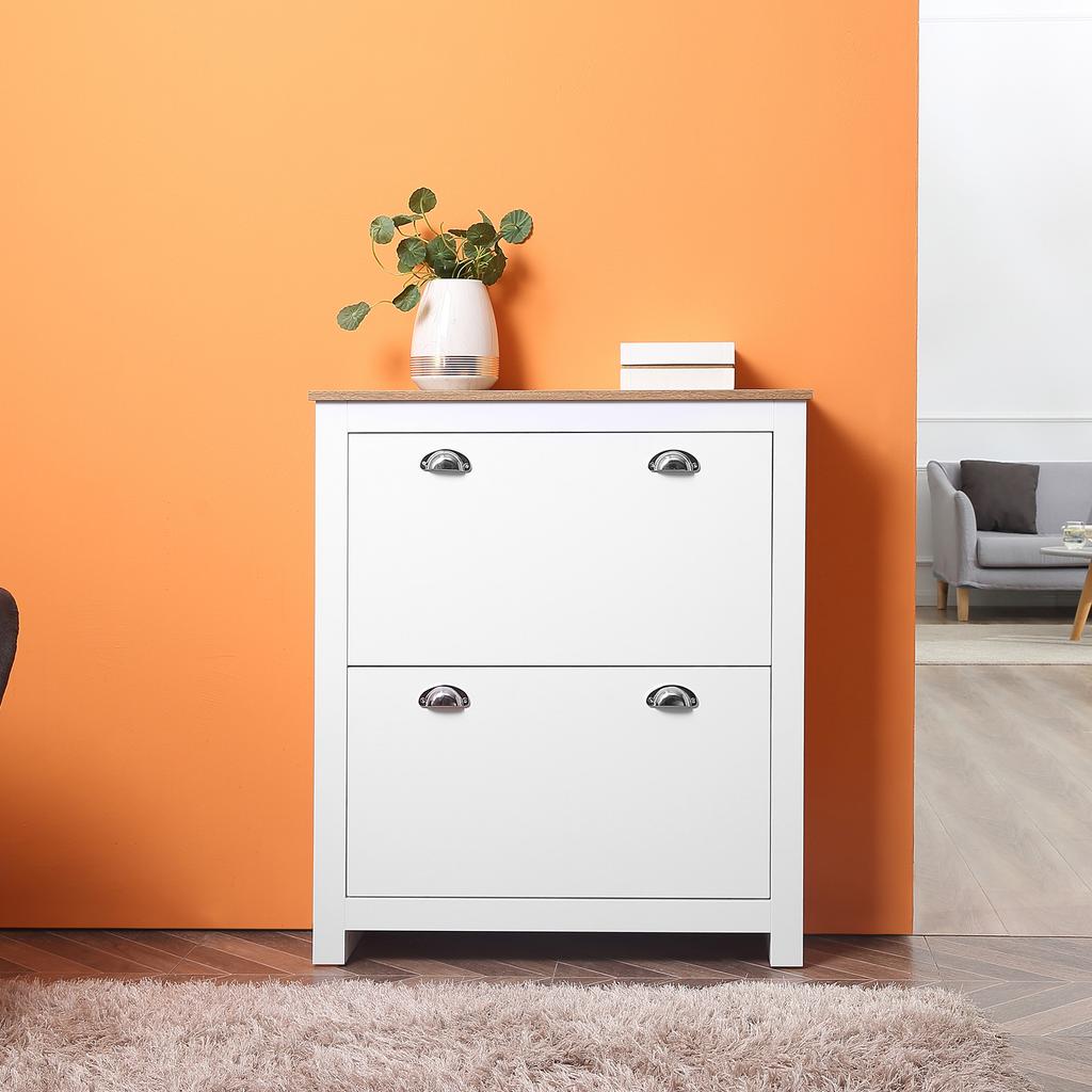 Mobiletto Portascale a 2 Cassetti Moderno Stretto Organizzatore in Legno per Corridoio con Ante a Ribalta Scaffale Regolabile per 6-12 Paia, Bianco