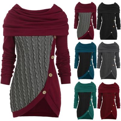 Suéter feminino plus size com decote em O, manga comprida, botão sólido, pachwork, assimétrico
