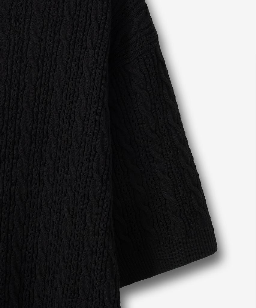 BLOND9 Cable Punching Short Sleeve Collared Knit_Black