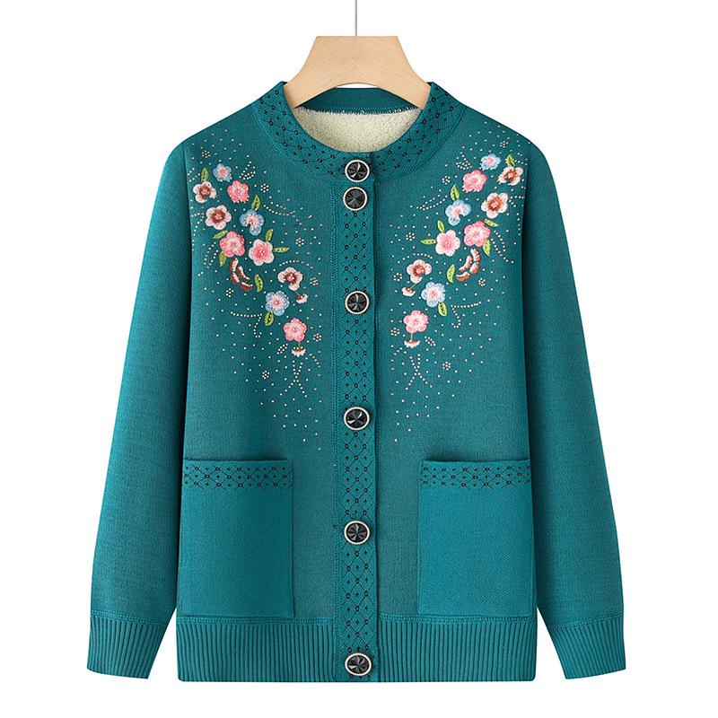 

Embroidered Velvet Cardigan for Middle-aged & Elderly Women - Cozy Winter Sweater 2XL (105-120 cm)