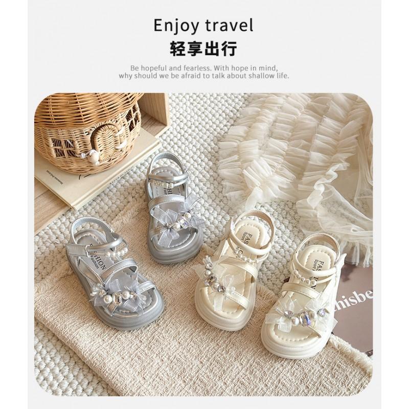 Girls Princess Sandals 2026 Rhinestone Pearl Decor Soft Sole Non-Slip Open Toe Shoes Ages 4-16