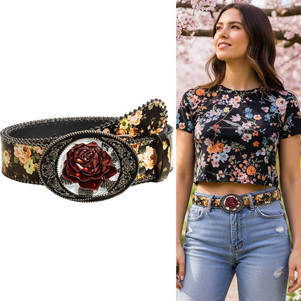 Border Bead Carved Metal Buckle Belt Bohemian Style Retro Rose Flower Belt Women's Accessories
