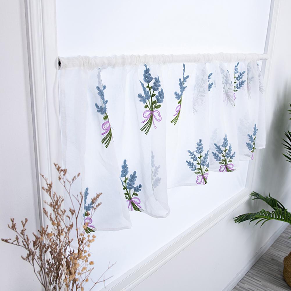 Kitchen Tiers Cabinet  Embroidery Curtain Window Short Curtain Half  Window Treatment(Blue)