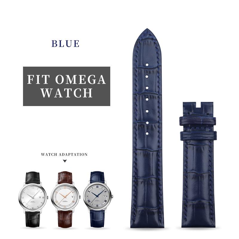 

20mm Soft Quality Calfskin Genuine Bamboo Grain Italian Leather Watchband For Omega Strap Seamaster Speedmaster 300 DeVille Belt 20-18mm&Without Buckle синій