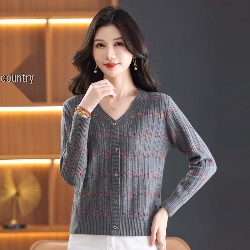 ROMON Women's V-Neck Striped Knit Cardigan