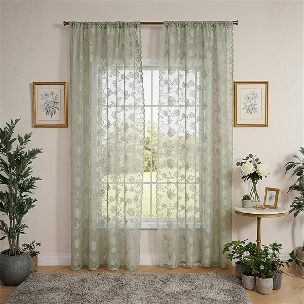 Lightweight Fabric Panel With Textured Embroidery And Rod Pocket Flower Lace Semi Sheer Curtain Drape For House Styling