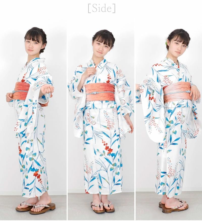 Kimono Hiroba Lovely Yukata Set with Variegated Sizes and Retro and Modern Navy Light and Yu Children's Girls' 4-Piece Weave, 130, 140, 150cm, Style,