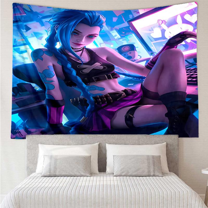 League of Legends Jinx Tapestry for Bedroom Aesthetic Classroom Tapestries Wall Hanging for Living Room Dorm Office,Ideal Creative Gift