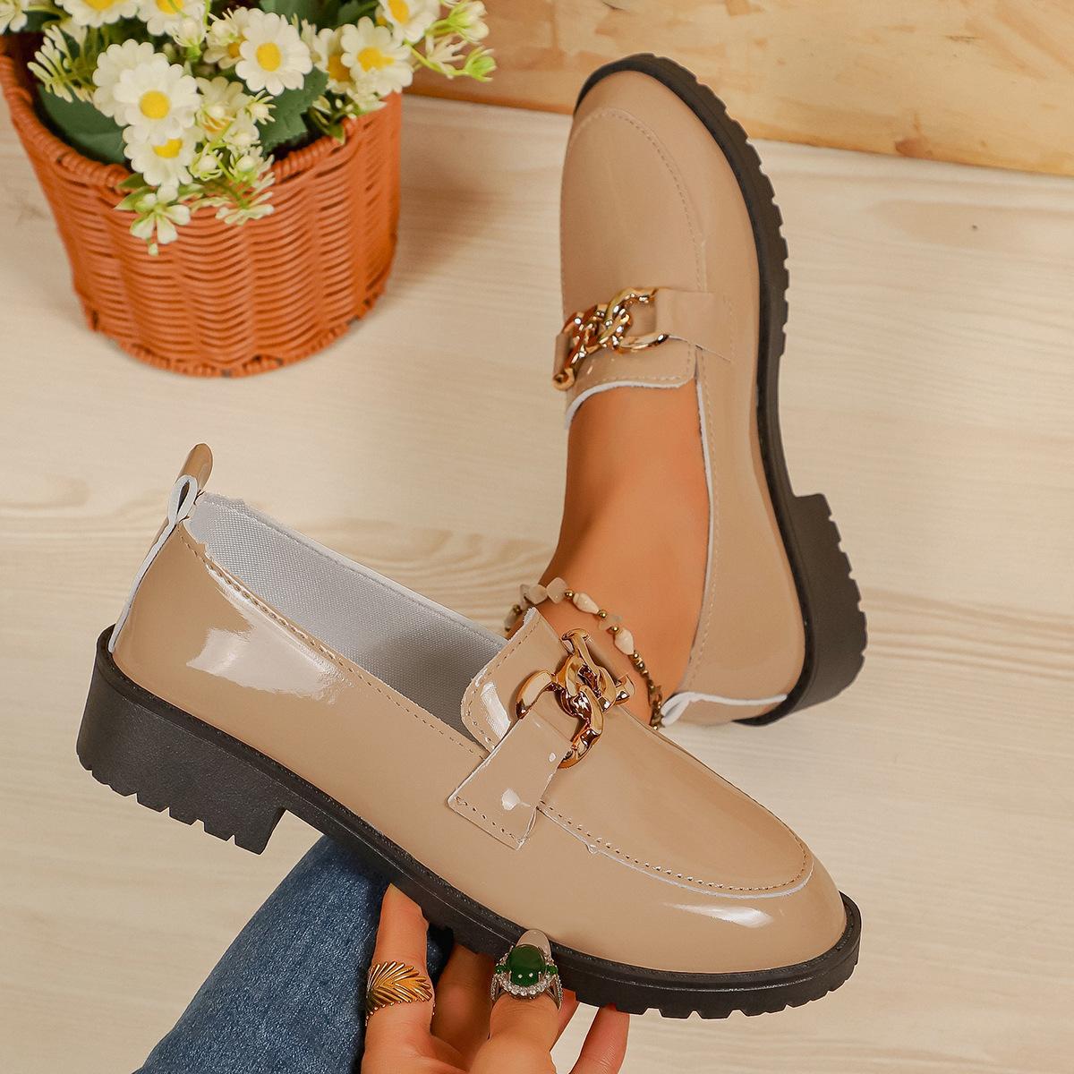 

2025 осень новые туфли на толстом каблуке с металлической пряжкой из маленькой кожи женские корейская версия с круглым носком лоферы для работы женская обувь 43 хаки