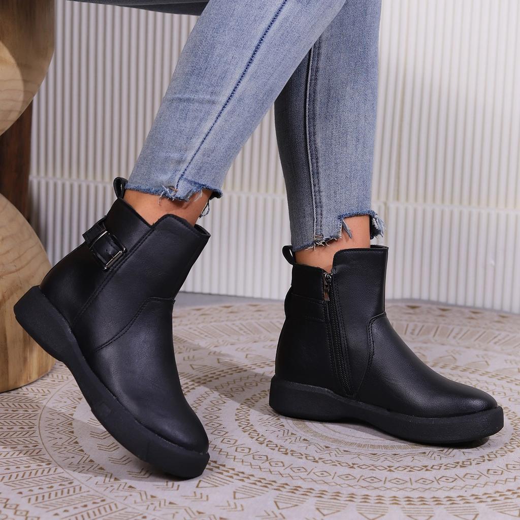 Large size women's autumn and winter new solid color side zipper low boots round head thick sole versatile Martin boots