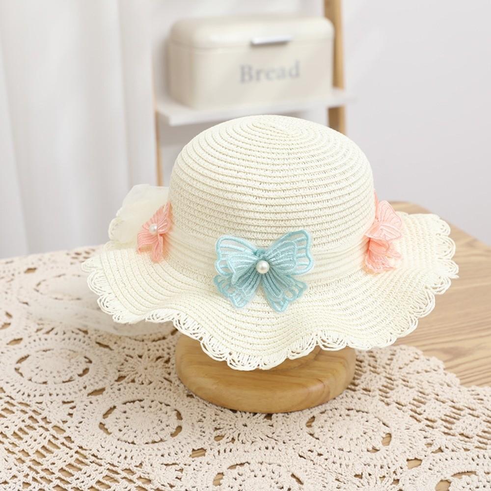 Wide Brim Straw Bag Cap Set Pearl Bow Style Sun Hat Sunscreen Sunshade Hat  for 2-8 Years Kids