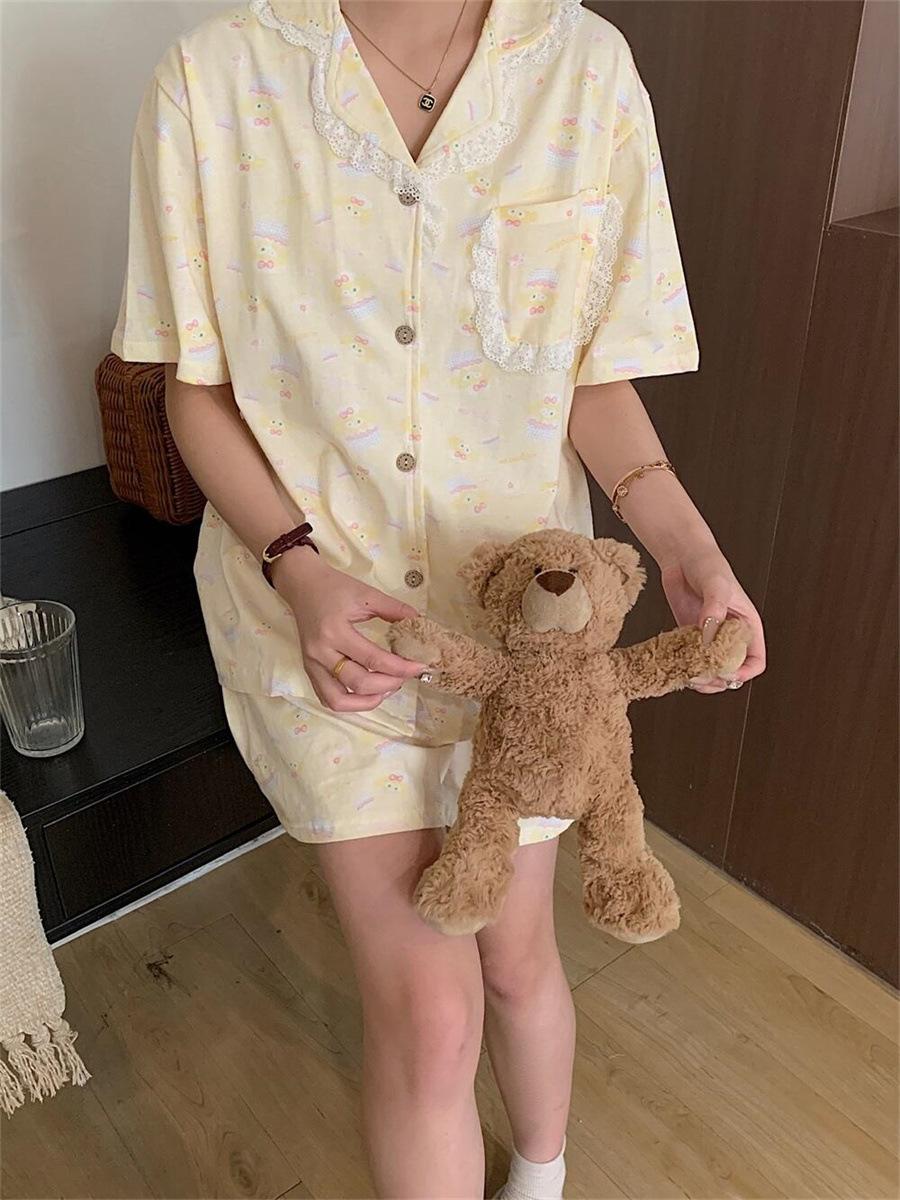 

New lace lace butter cake cartoon pajamas women s summer short-sleeved shorts two-piece soft cute loungewear S