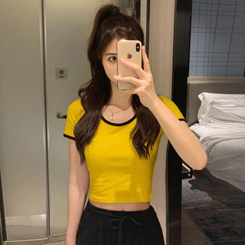 Women's Color Block Trim Crop Top, Cotton Slim Fit Short Sleeve T-Shirt
