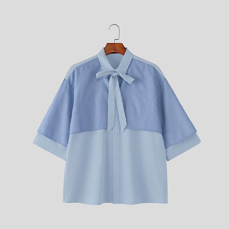 INCERUN Oversized Men Bow Knot Neck Short Sleeve Patchwork Striped Layers Casual Shirts S