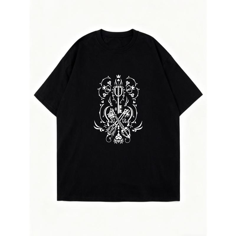 Übergroßes T-Shirt Schwarz Gotisches Schlüssel- und Kreuzmuster Print Lässiges Streetwear Mode Top Für Damen