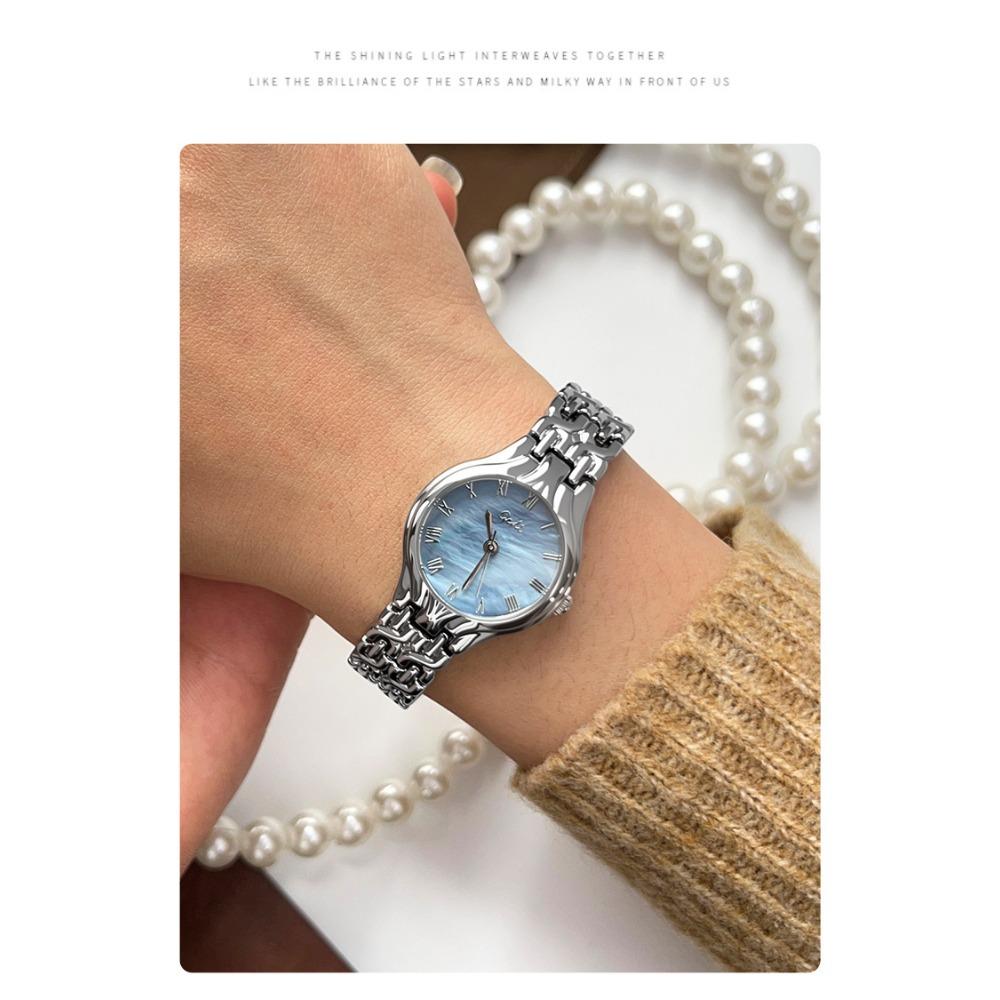 Gedi Elegant Ladies Quartz Wrist Watch Roman Numeral Dial Metal Link Bracelet Waterproof Daily Dress Watch