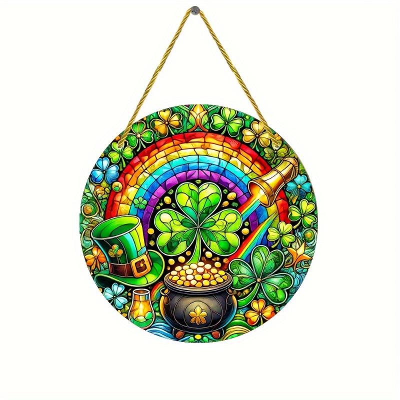 2D Flat St Patrick'S Day Acrylic Decoration Sign, Shamrocks, Rainbow & Pot of Golden Design, Home Decor Plaque Hanging Wall Art Decorative Garden Deco