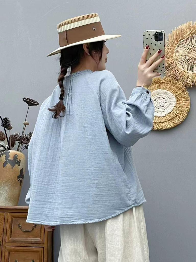 2026 Spring Artistic Pleated Button-Up Cotton Gauze Shirt - Women's Casual Long-Sleeve Top