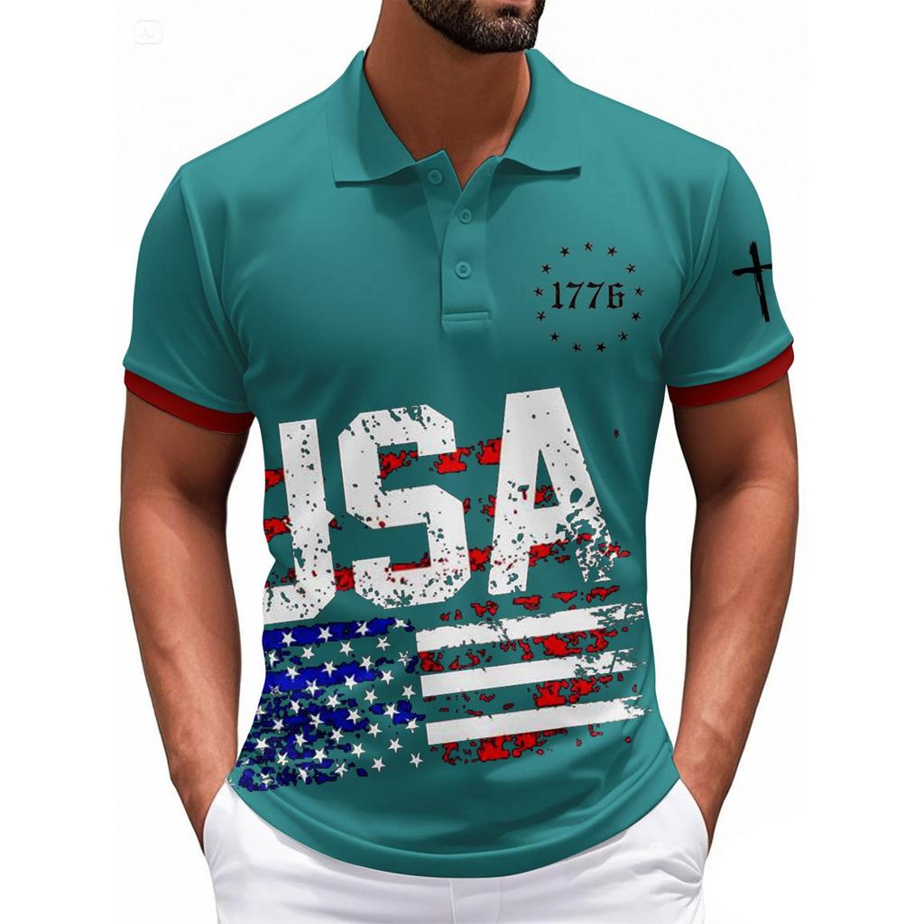 Modisches Herren-Freizeit-Oberteil mit Unabhängigkeitstag-Print am Hals und kurzen Ärmeln