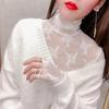 Women's High Neck Lace Layer Top with Lantern Sleeves - Stylish Mesh Sweater for Autumn/Winter