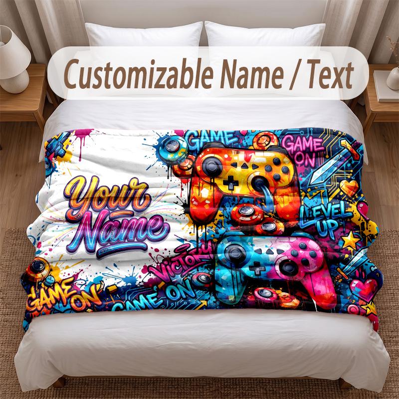 Game Controller Theme Soft Blanket Personalized Custom Name Text Print Warm Blanket Home Sofa Bedroom Decor