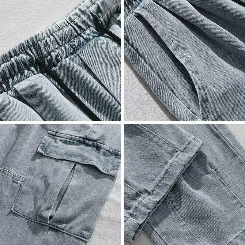 Spring men's double three-dimensional pocket jeans, new retro and old washing tooling trousers